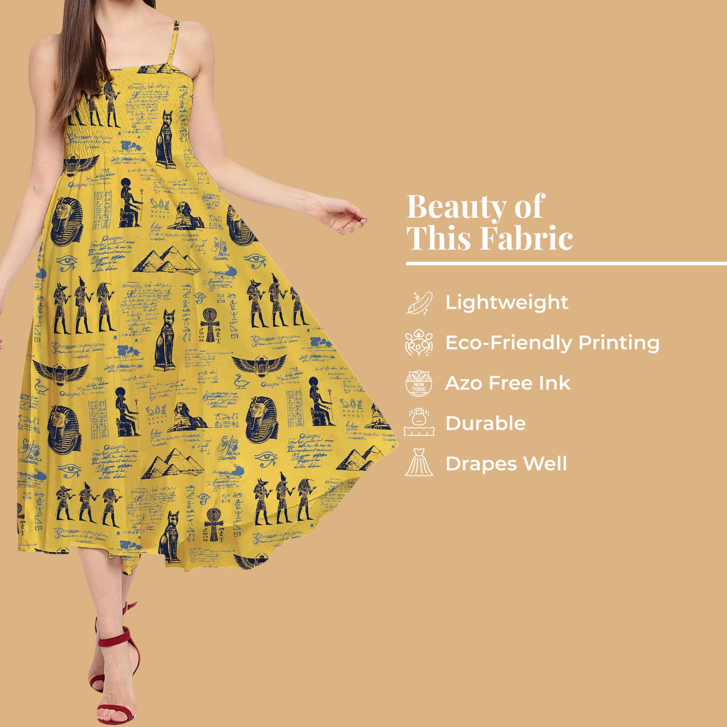 Mustard Yellow And Black Egyptian Pattern Digital Print Twill Fabric (Width 56 Inches)