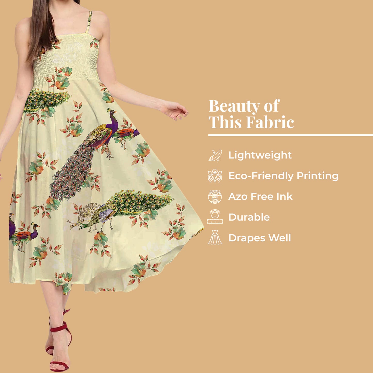 Cream And Blush Red Peacock Pattern Digital Print Twill Fabric (Width 56 Inches)