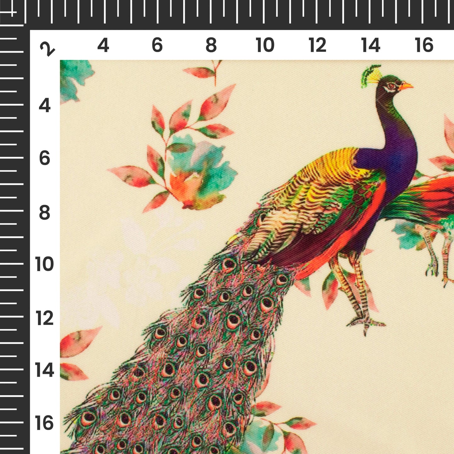 Cream And Blush Red Peacock Pattern Digital Print Twill Fabric (Width 56 Inches)