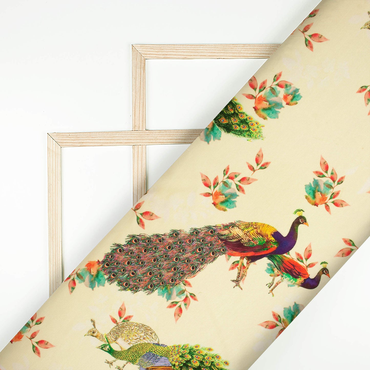 Cream And Blush Red Peacock Pattern Digital Print Twill Fabric (Width 56 Inches)