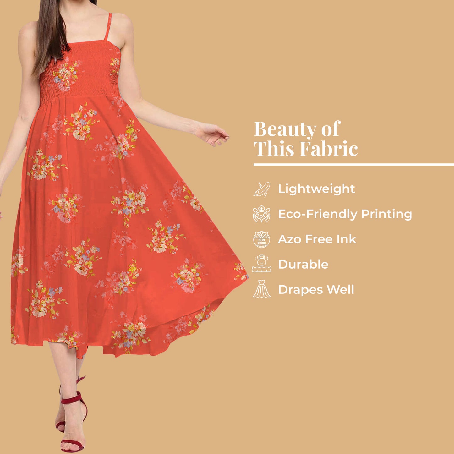 Vermilion Red And Peach Floral Pattern Digital Print Twill Fabric (Width 56 Inches)