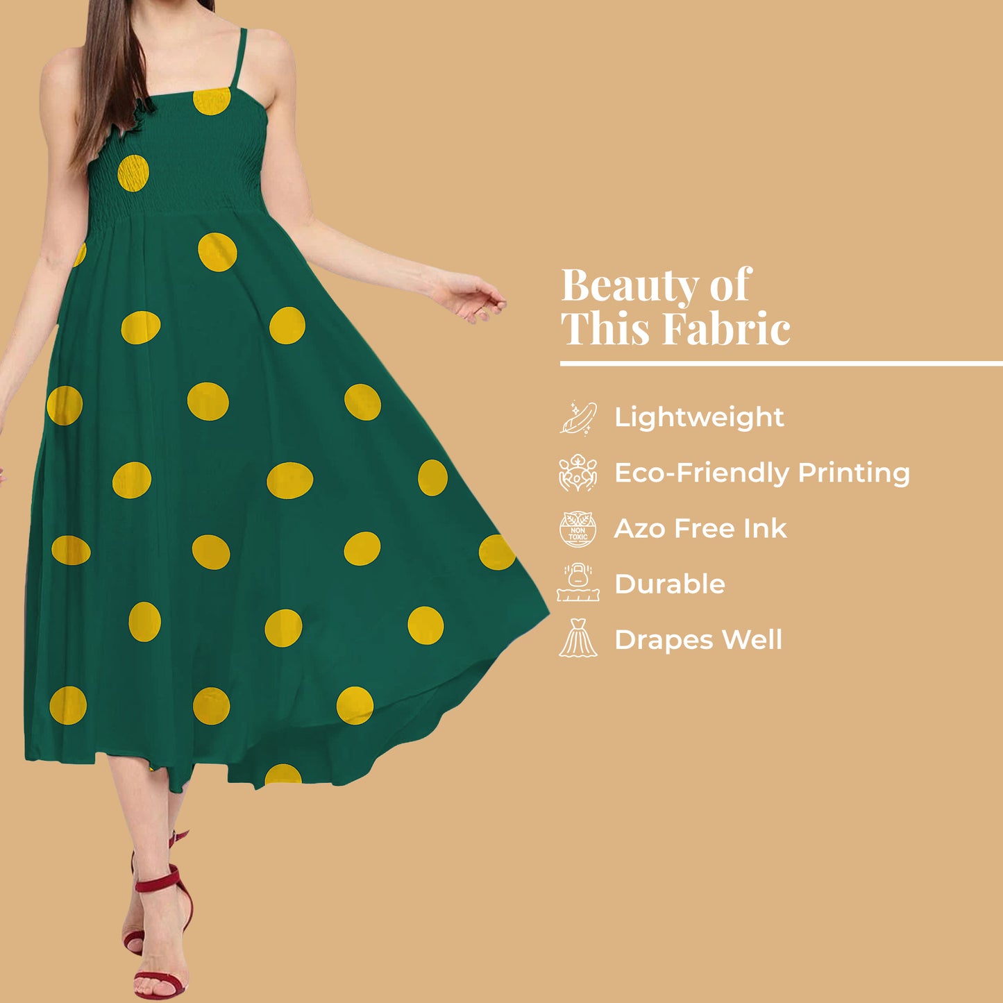 Teal Green And Yellow Polka Dots Pattern Digital Print Twill Fabric (Width 56 Inches)
