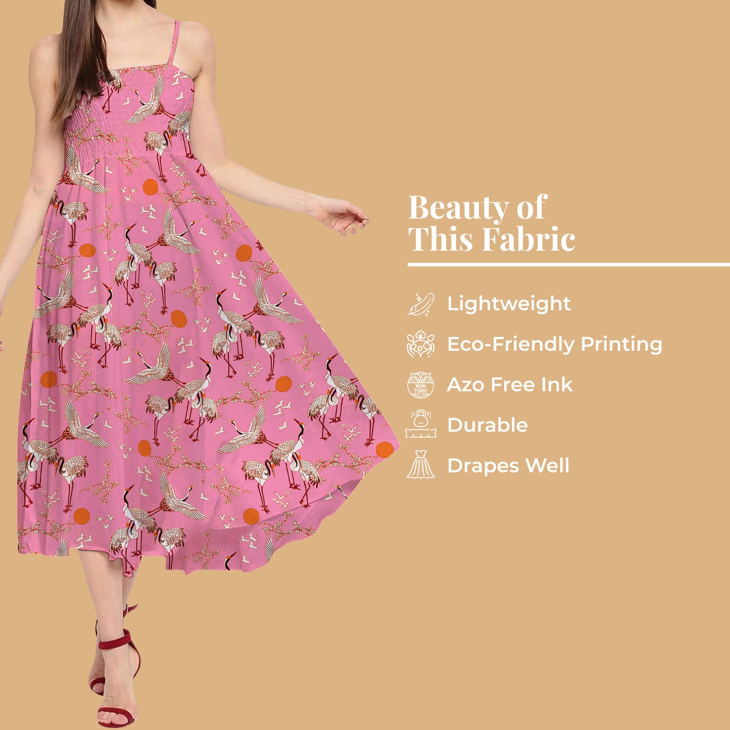 Taffy Pink And Off White Bird Pattern Digital Print Twill Fabric (Width 56 Inches)