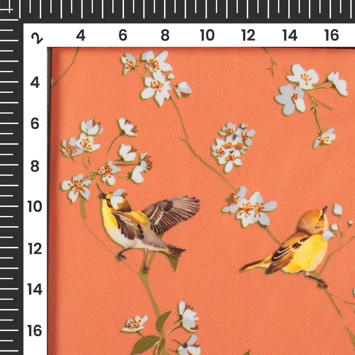 Salmon Orange And White Bird Pattern Digital Print Twill Fabric (Width 56 Inches)