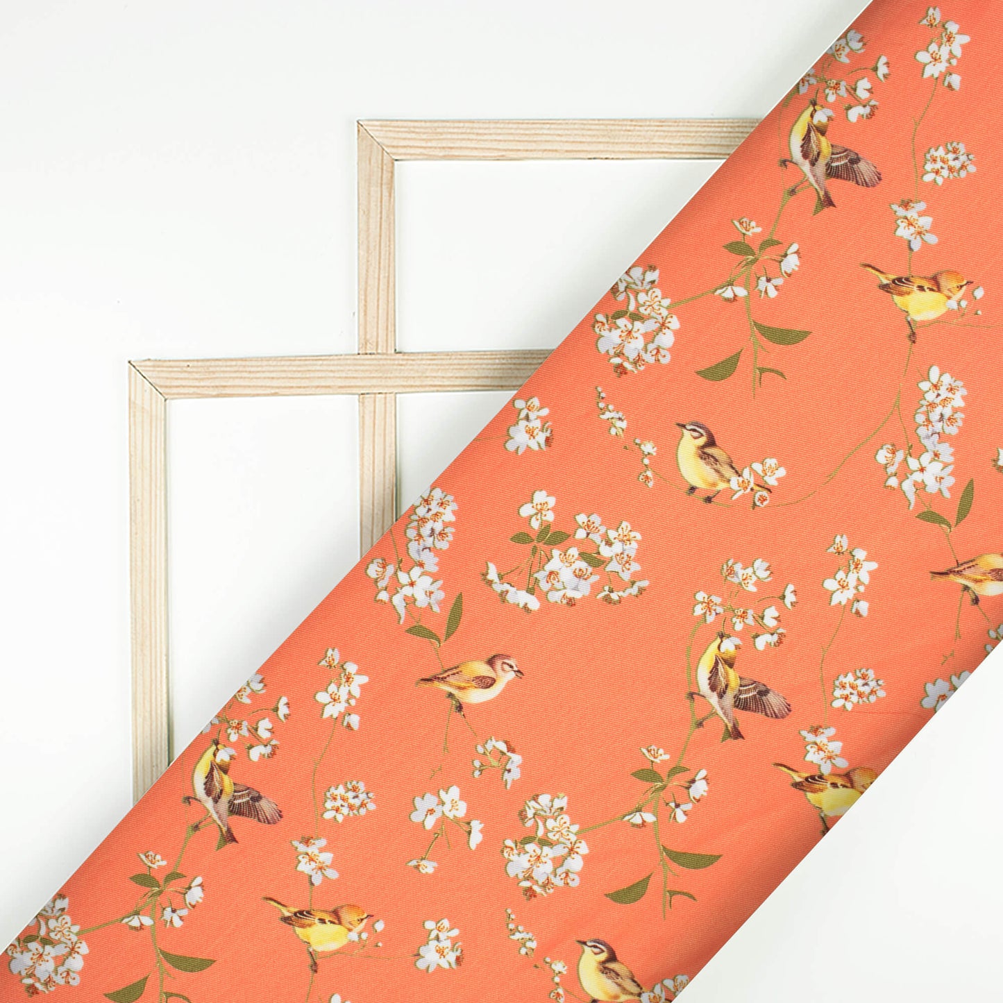 Salmon Orange And White Bird Pattern Digital Print Twill Fabric (Width 56 Inches)