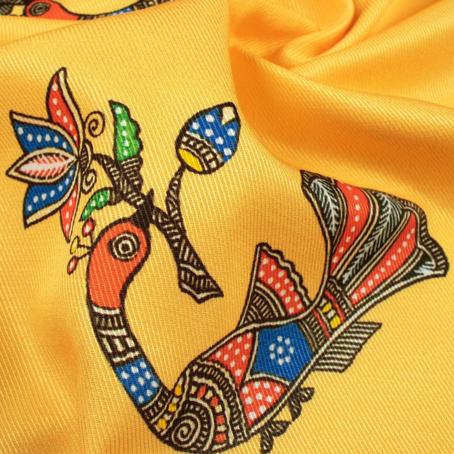 Mustard Yellow And Burnt Orange Bird Pattern Digital Print Twill Fabric (Width 56 Inches)