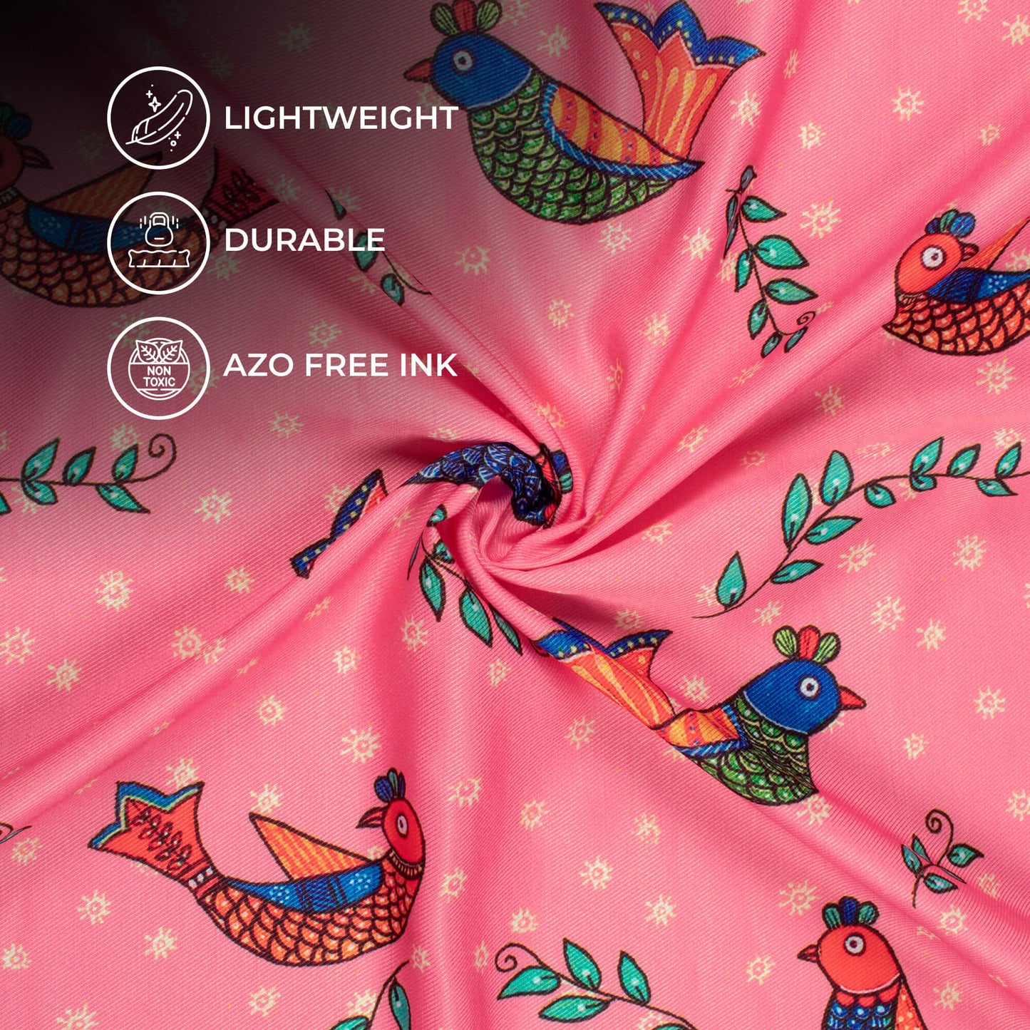 Taffy Pink And Burnt Orange Bird Pattern Digital Print Twill Fabric (Width 56 Inches)