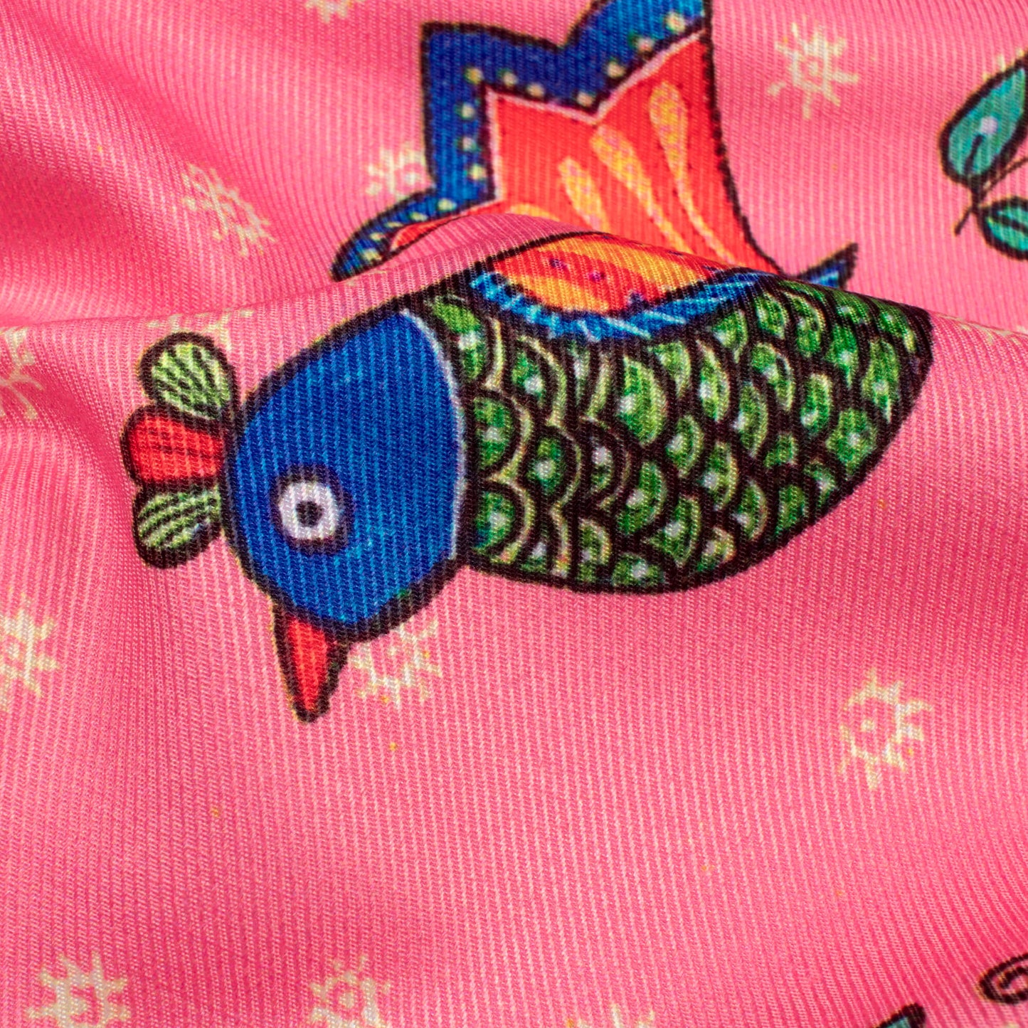 Taffy Pink And Burnt Orange Bird Pattern Digital Print Twill Fabric (Width 56 Inches)