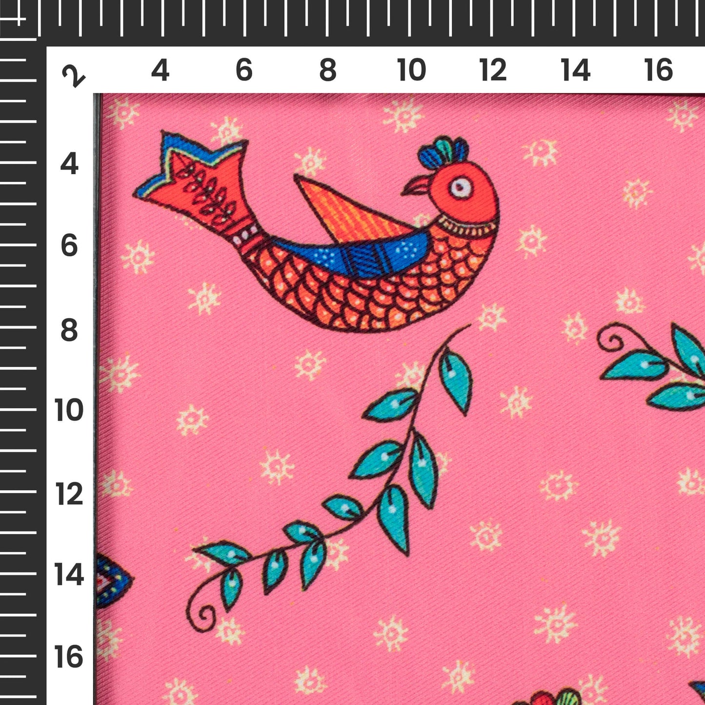 Taffy Pink And Burnt Orange Bird Pattern Digital Print Twill Fabric (Width 56 Inches)