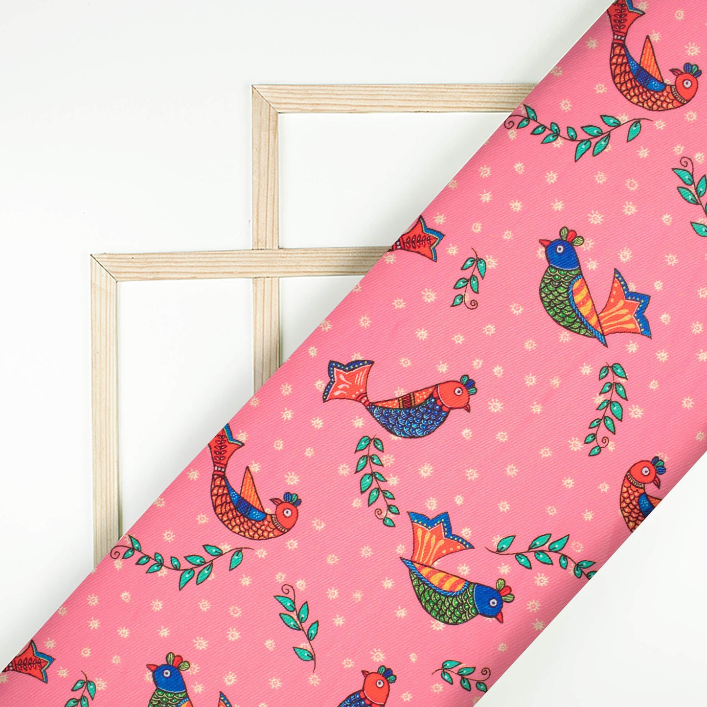 Taffy Pink And Burnt Orange Bird Pattern Digital Print Twill Fabric (Width 56 Inches)