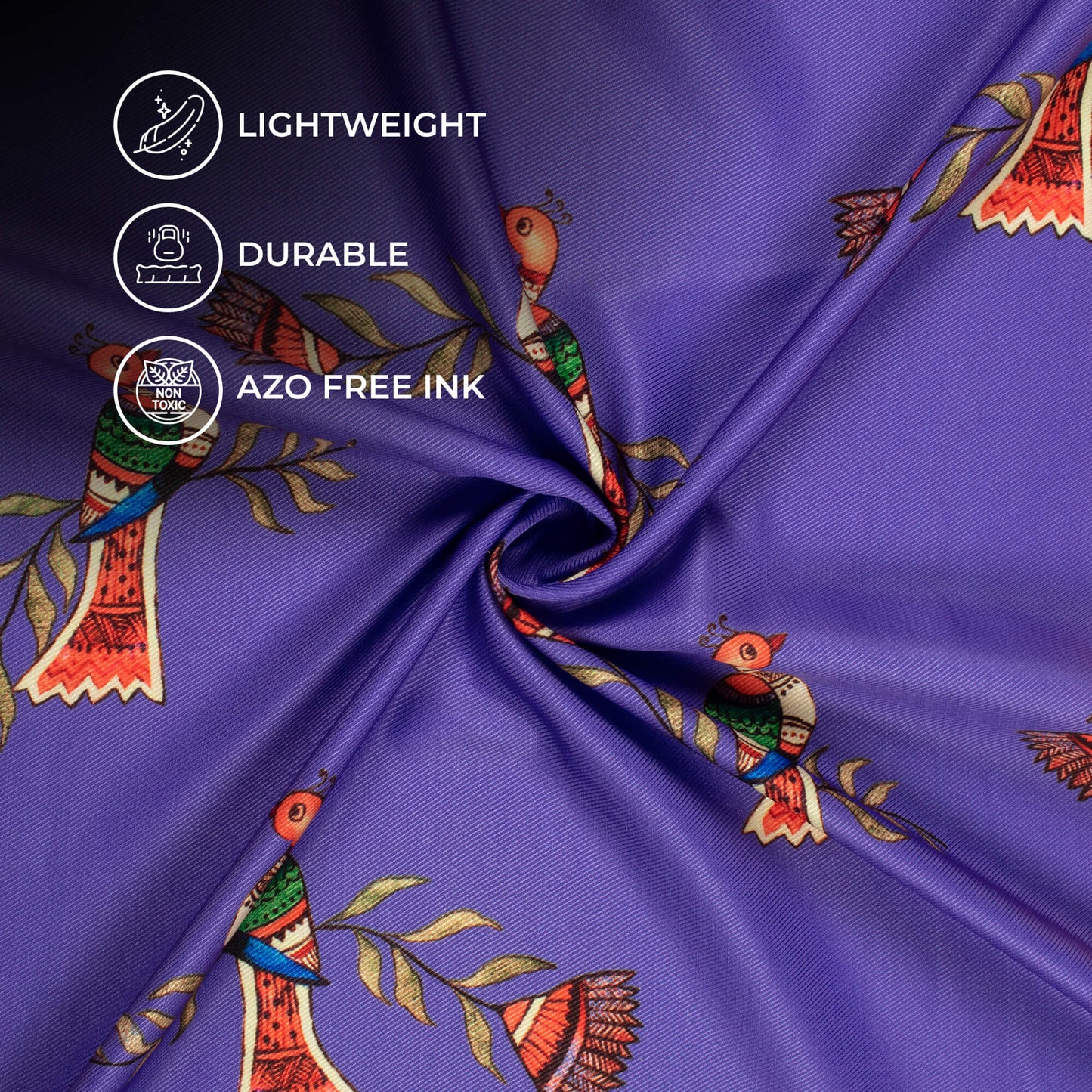 Violet Purple And Burnt Orange Bird Pattern Digital Print Twill Fabric (Width 56 Inches)