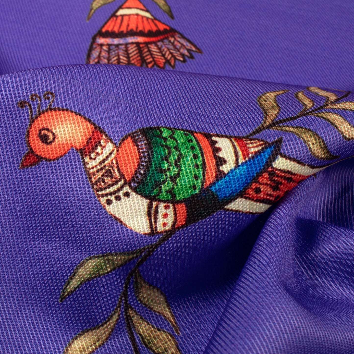 Violet Purple And Burnt Orange Bird Pattern Digital Print Twill Fabric (Width 56 Inches)