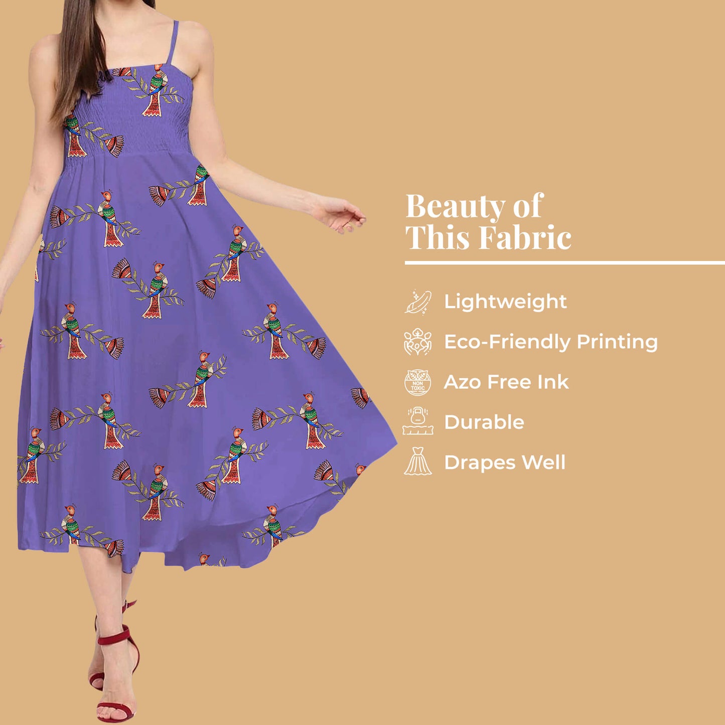 Violet Purple And Burnt Orange Bird Pattern Digital Print Twill Fabric (Width 56 Inches)