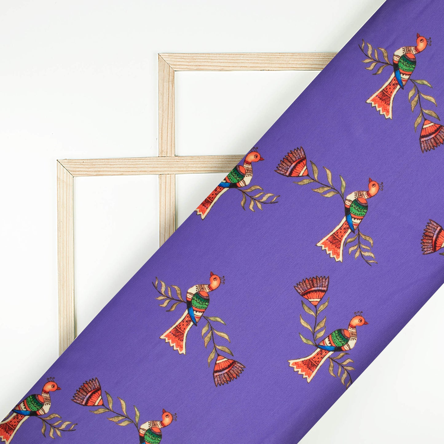 Violet Purple And Burnt Orange Bird Pattern Digital Print Twill Fabric (Width 56 Inches)