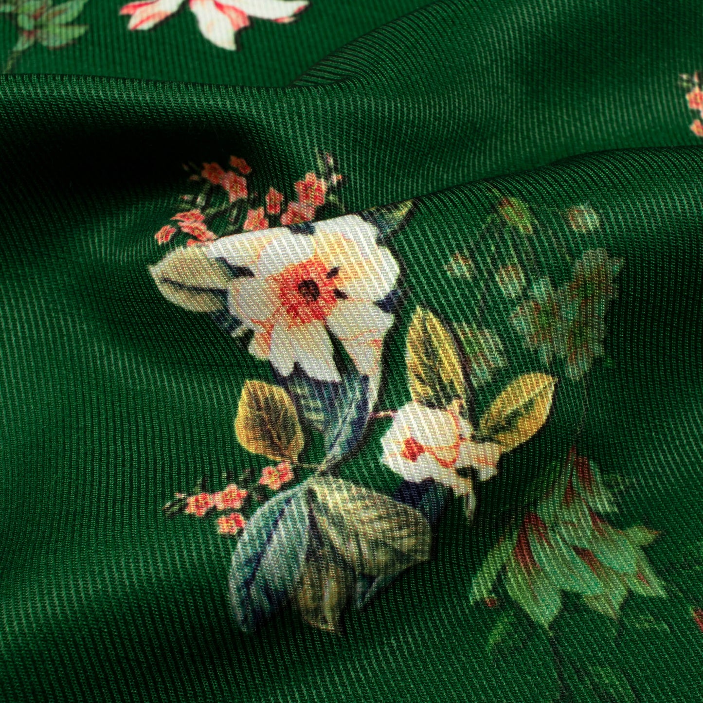 Dark Green And Peach Floral Pattern Digital Print Twill Fabric (Width 56 Inches)
