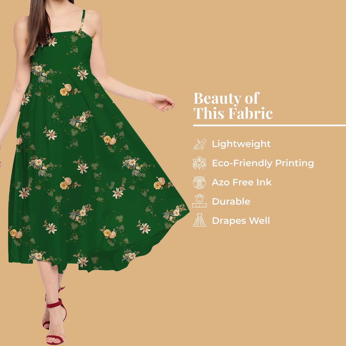 Dark Green And Peach Floral Pattern Digital Print Twill Fabric (Width 56 Inches)