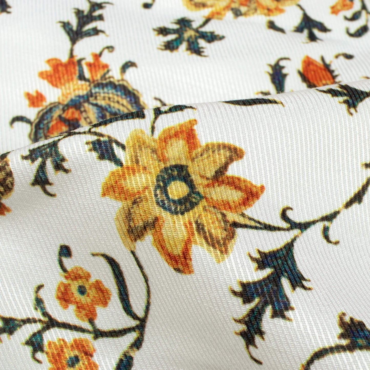 Daisy White And Dijon Yellow Floral Pattern Digital Print Twill Fabric (Width 56 Inches)