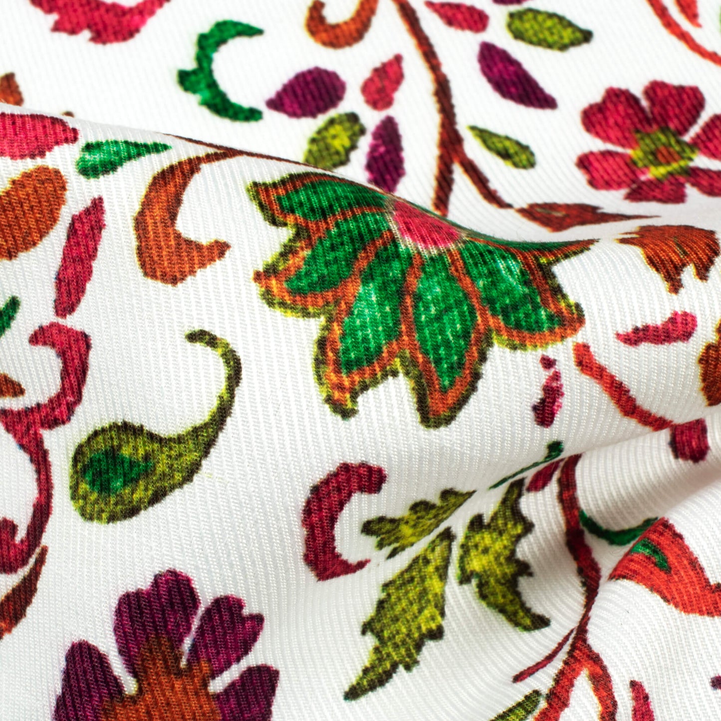 Daisy White And Dark Green Floral Pattern Digital Print Twill Fabric (Width 56 Inches)