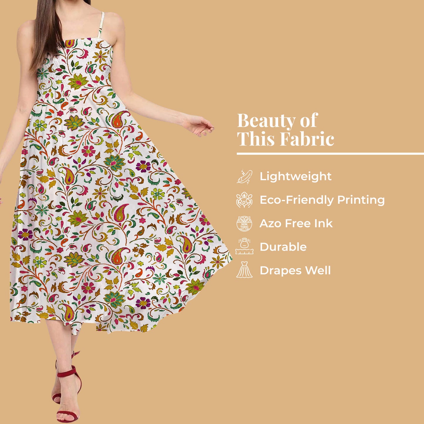 Daisy White And Dark Green Floral Pattern Digital Print Twill Fabric (Width 56 Inches)