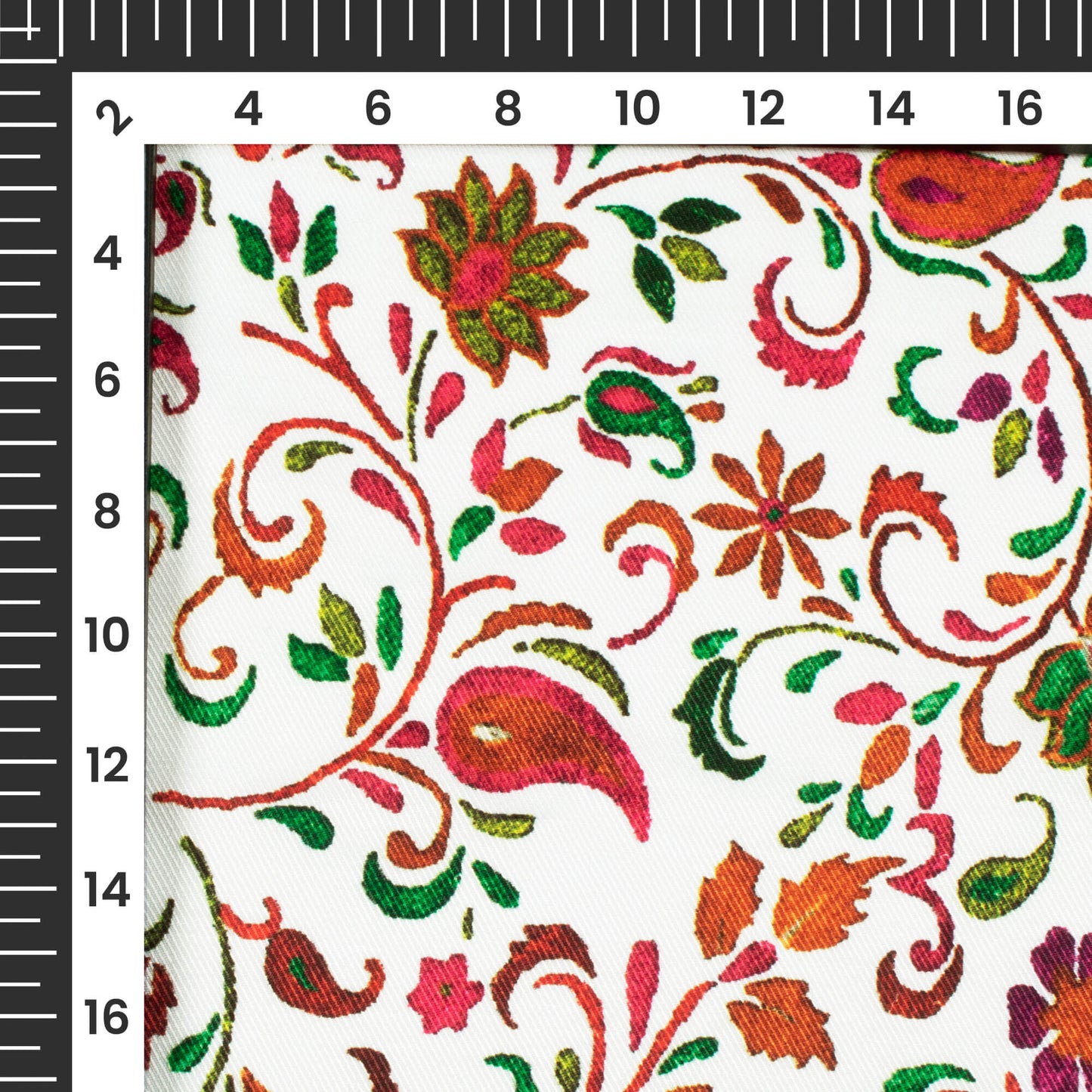 Daisy White And Dark Green Floral Pattern Digital Print Twill Fabric (Width 56 Inches)