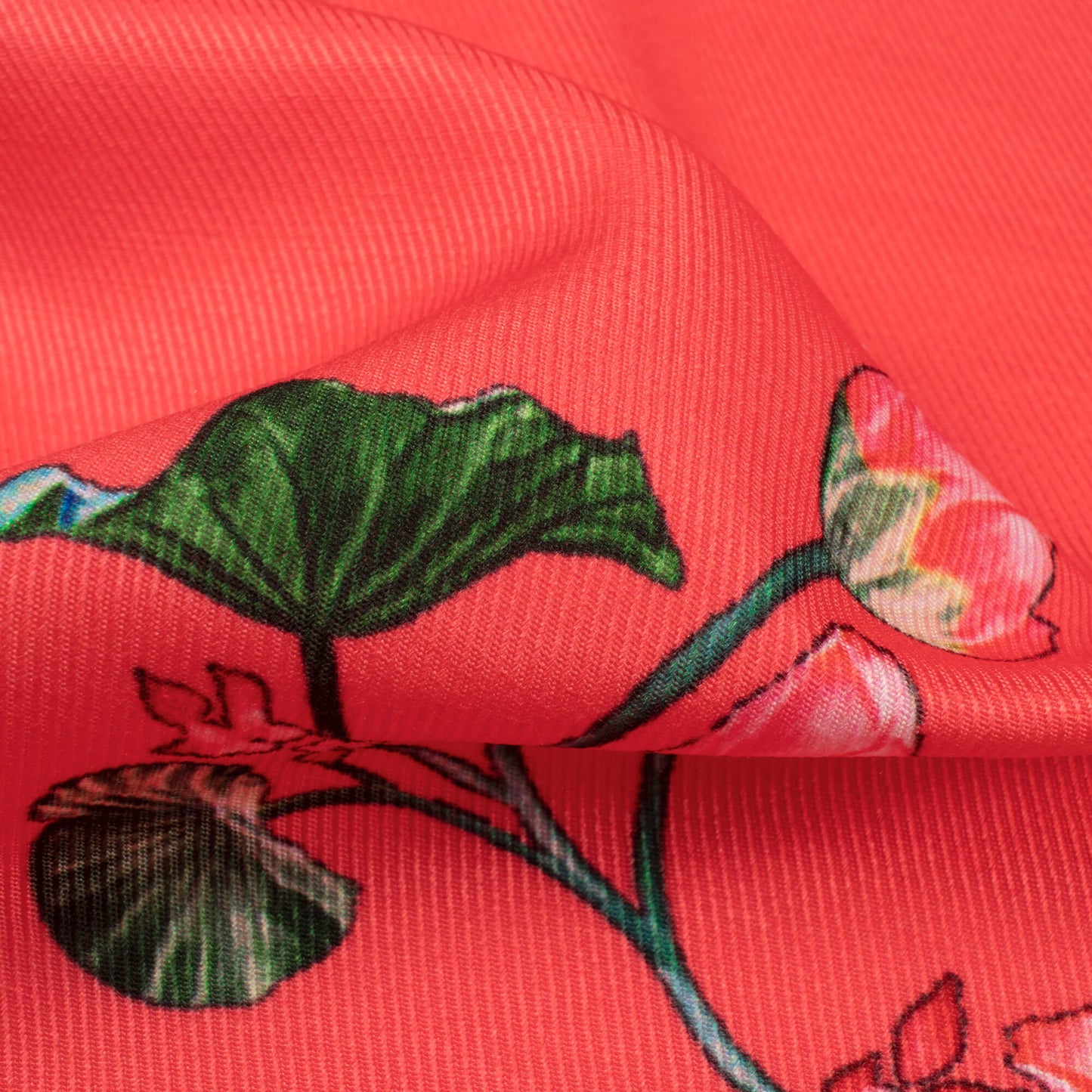 Coral Red And Taffy Pink Floral Pattern Digital Print Twill Fabric (Width 56 Inches)