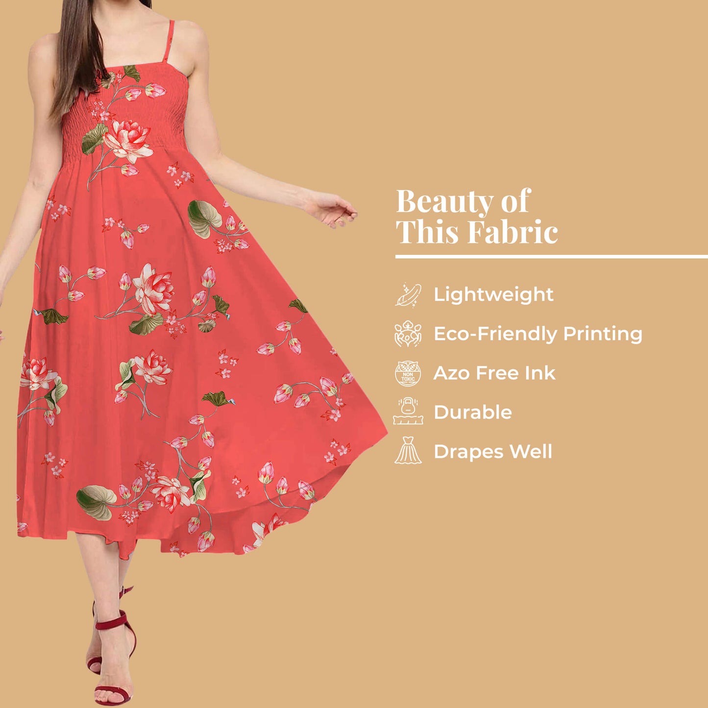 Coral Red And Taffy Pink Floral Pattern Digital Print Twill Fabric (Width 56 Inches)