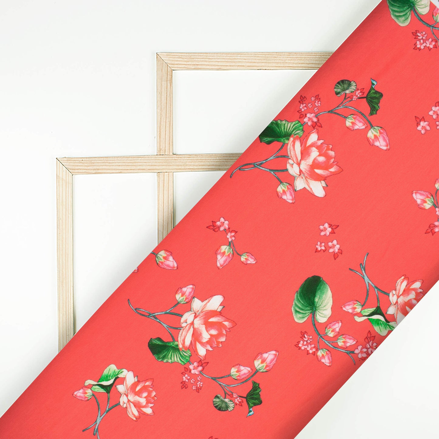 Coral Red And Taffy Pink Floral Pattern Digital Print Twill Fabric (Width 56 Inches)