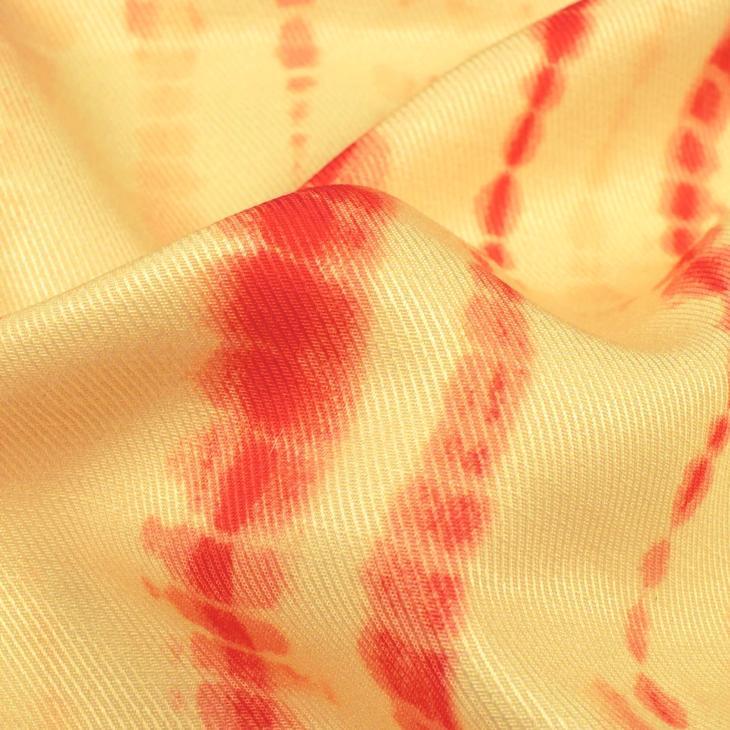 Mellow Yellow And Brick Red Shiibori Pattern Digital Print Twill Fabric (Width 56 Inches)