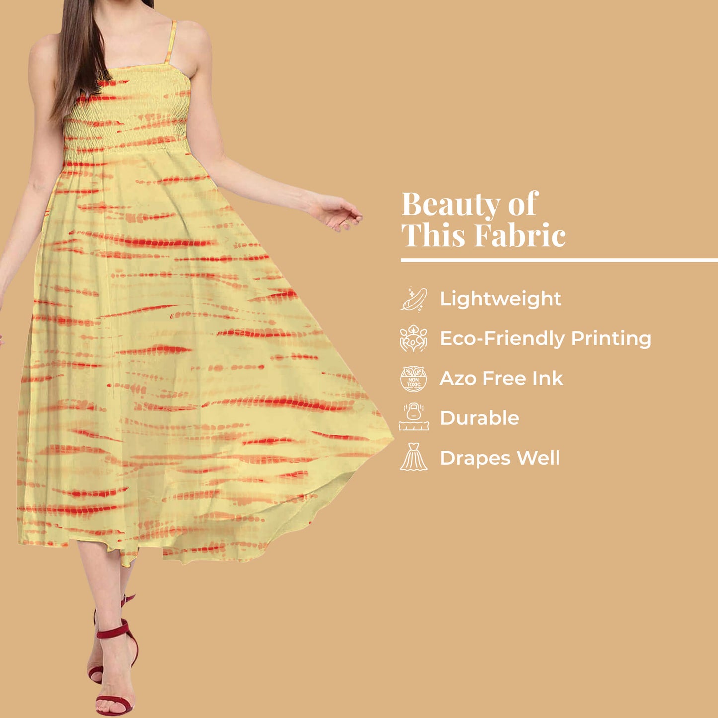 Mellow Yellow And Brick Red Shiibori Pattern Digital Print Twill Fabric (Width 56 Inches)