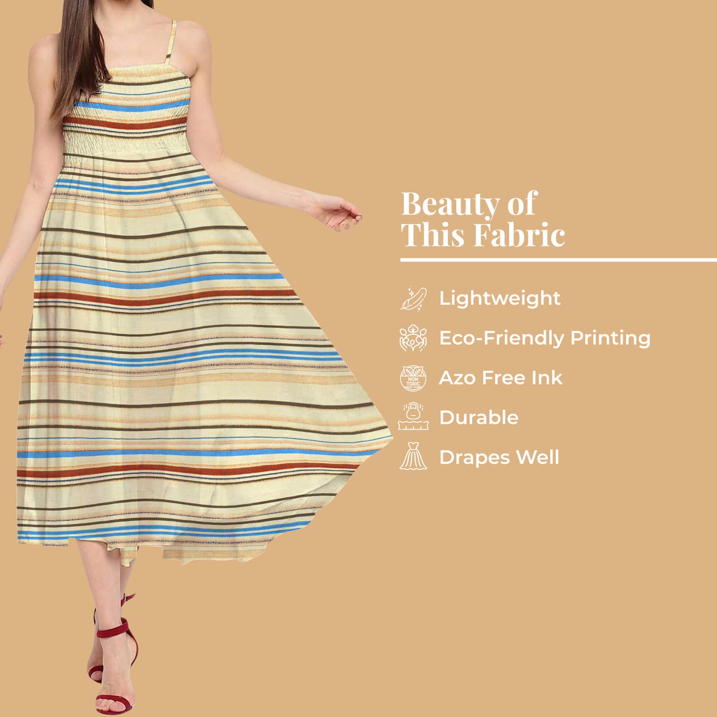 Beige And Sky Blue Stripes Pattern Digital Print Twill Fabric (Width 56 Inches)