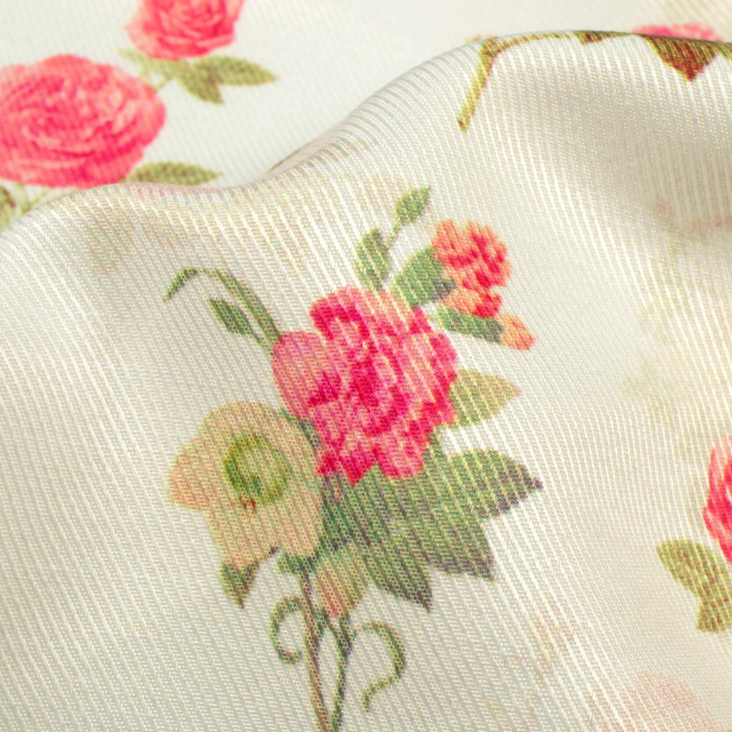 Ivory White And Pink Floral Pattern Digital Print Twill Fabric (Width 56 Inches)