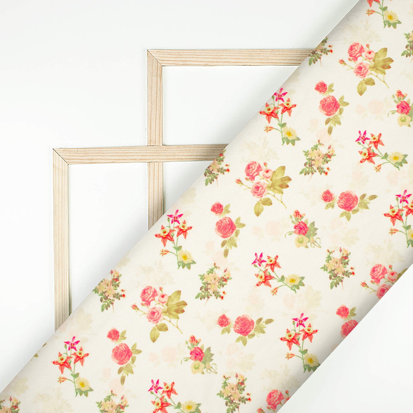 Ivory White And Pink Floral Pattern Digital Print Twill Fabric (Width 56 Inches)