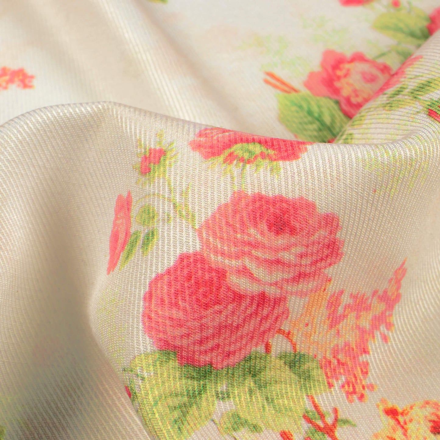 Ivory White And Pink Floral Pattern Digital Print Twill Fabric (Width 56 Inches)