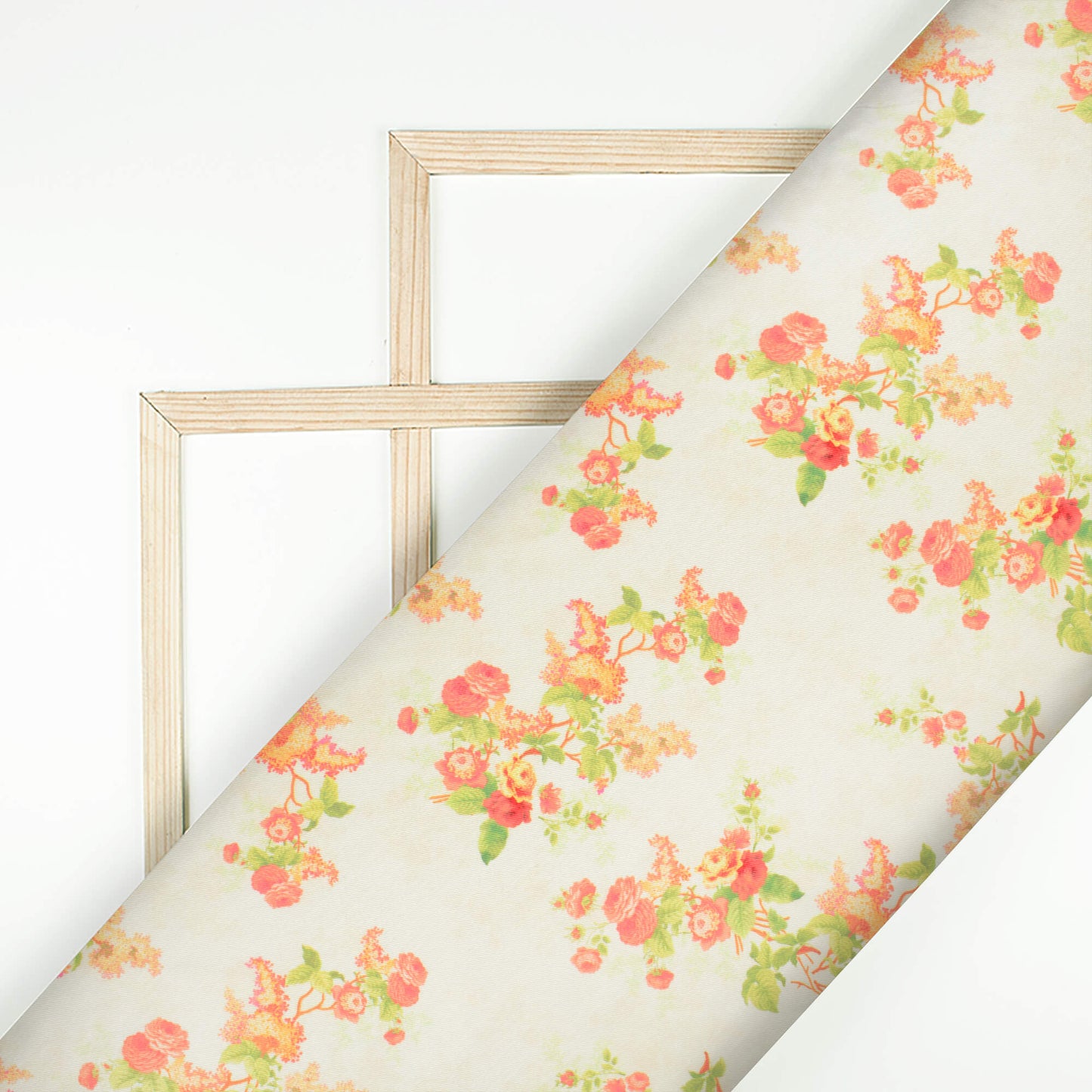 Ivory White And Pink Floral Pattern Digital Print Twill Fabric (Width 56 Inches)