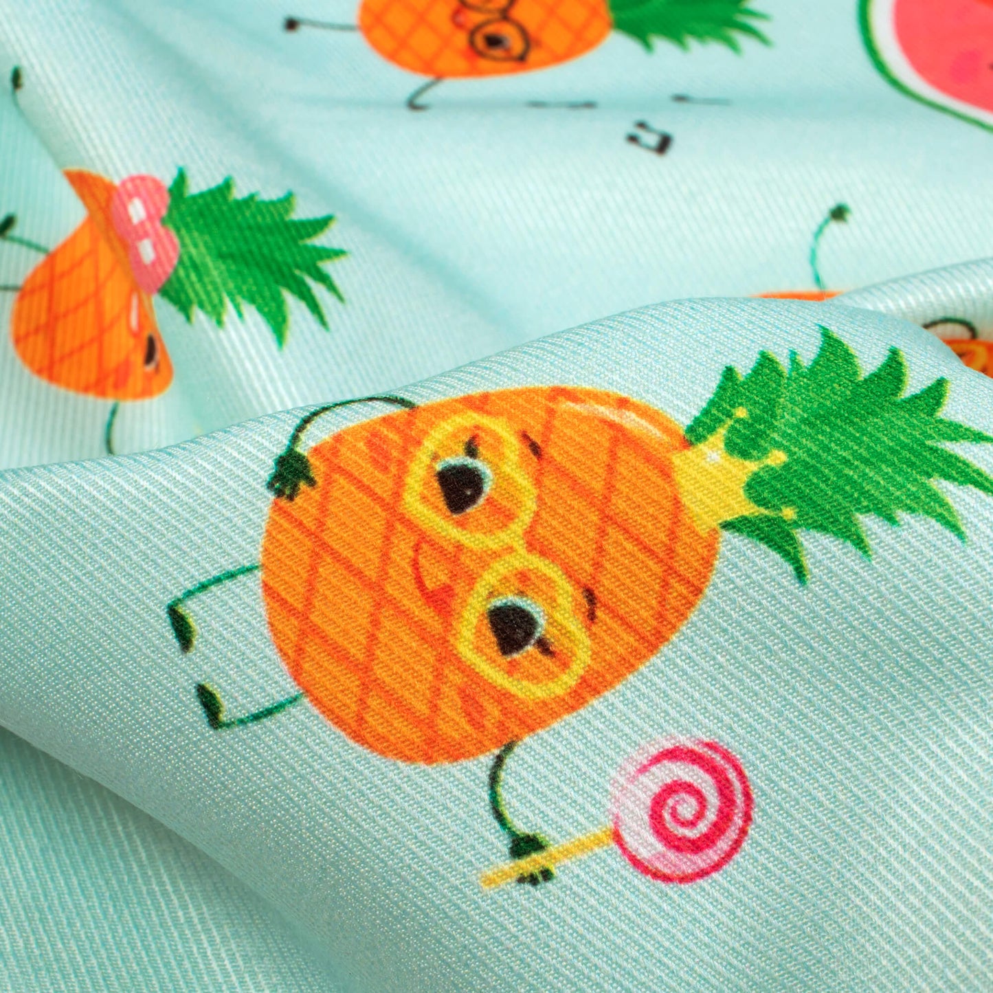 Light Blue And Taffy Pink Quirky Pattern Digital Print Twill Fabric (Width 56 Inches)