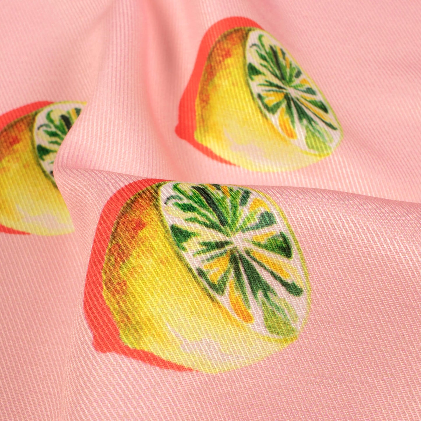 Pale Pink And Lemon Yellow Quirky Pattern Digital Print Twill Fabric (Width 56 Inches)
