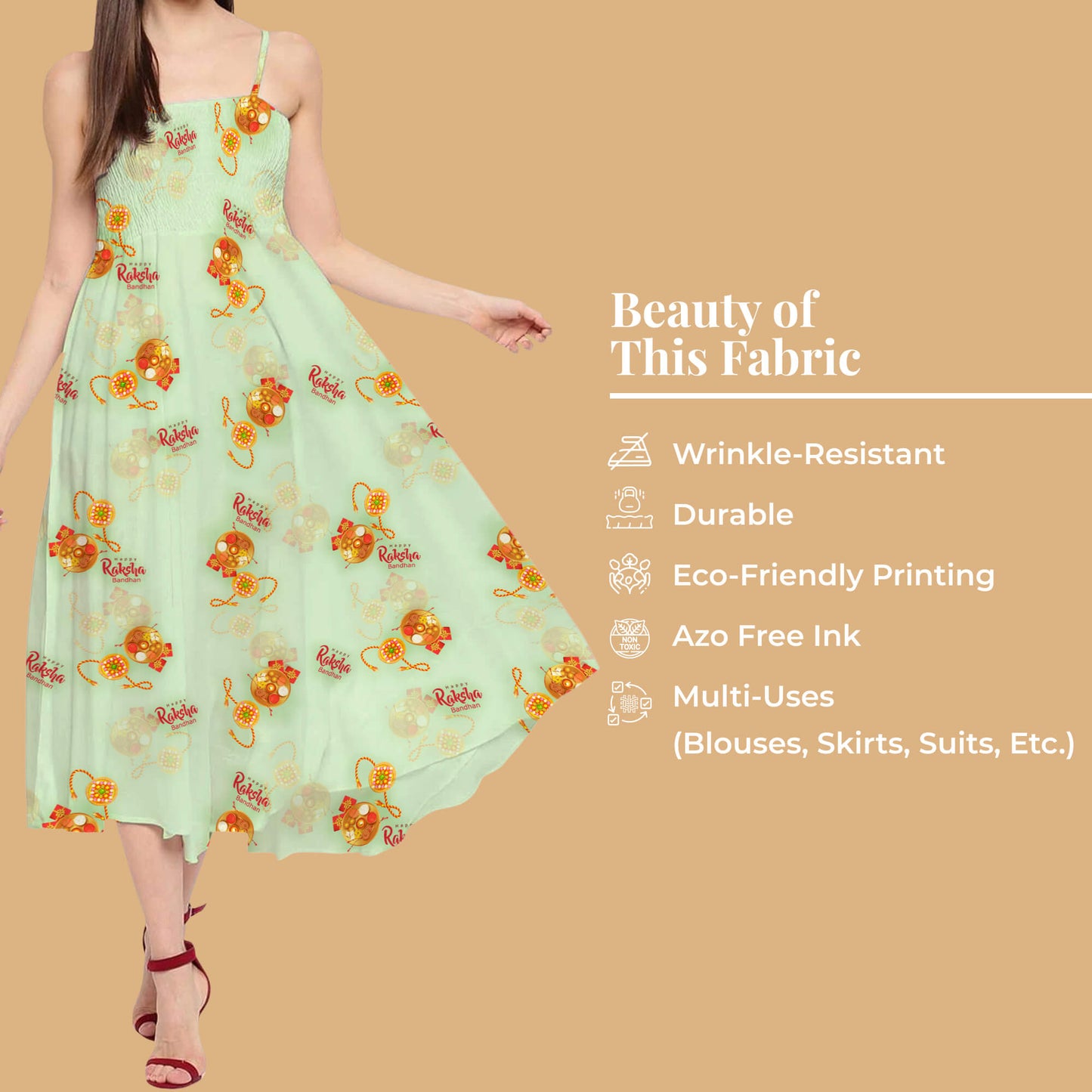 Mint Green And Amber Orange Rakhi Pattern Digital Print Crepe Silk Fabric