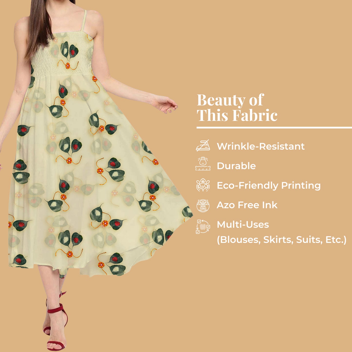 Mist Beige And Green Rakhi Pattern Digital Print Crepe Silk Fabric