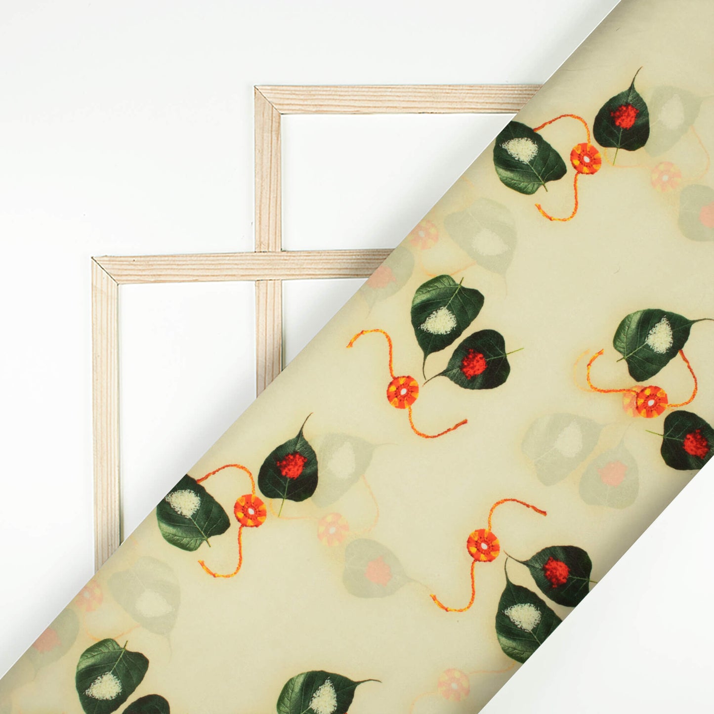 Mist Beige And Green Rakhi Pattern Digital Print Crepe Silk Fabric