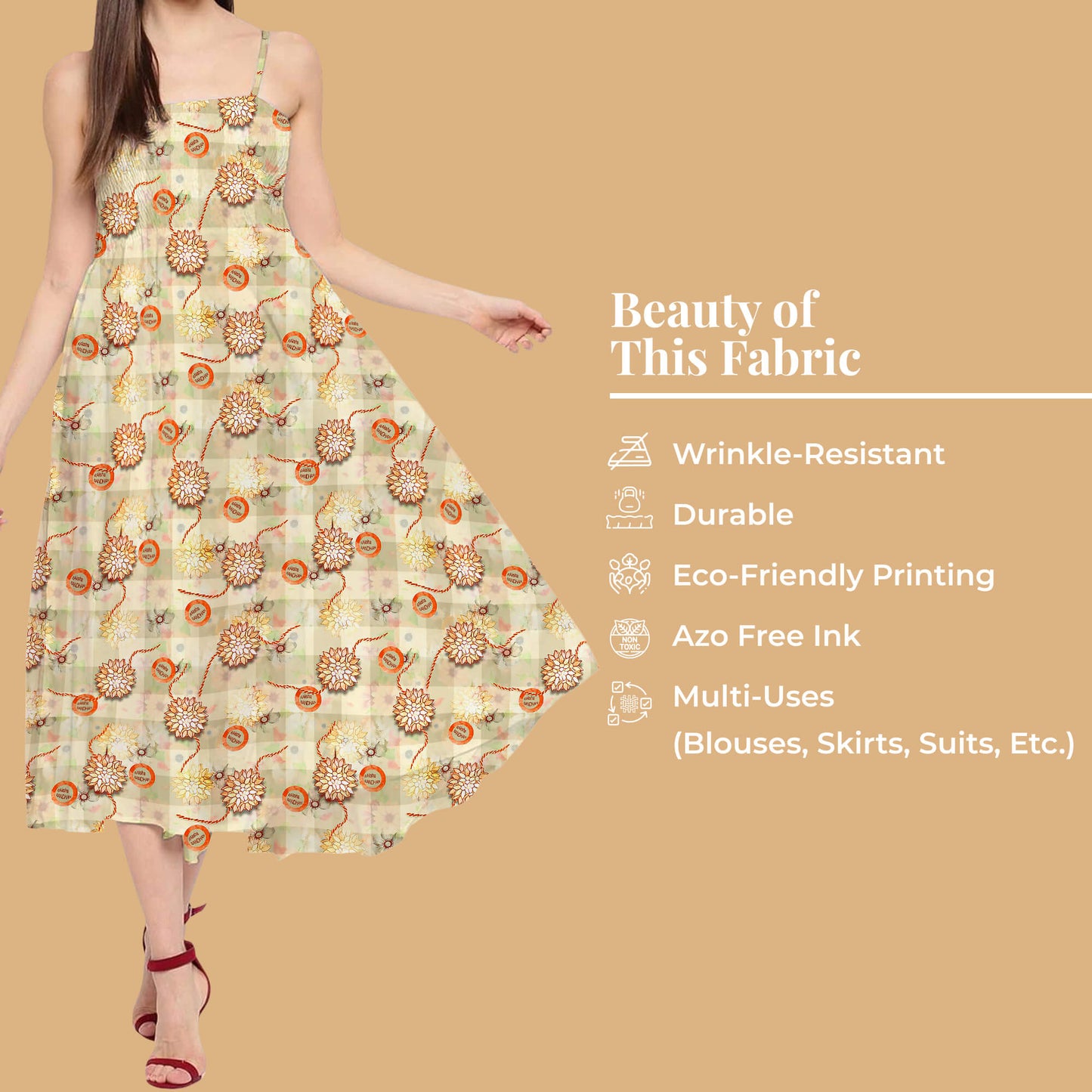 Mist Beige And Pastel Orange Rakhi Pattern Digital Print Crepe Silk Fabric