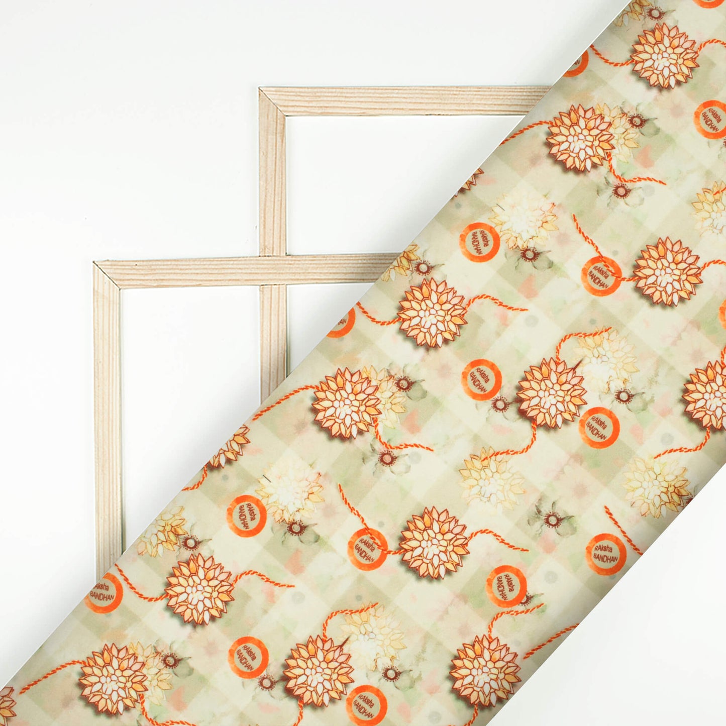 Mist Beige And Pastel Orange Rakhi Pattern Digital Print Crepe Silk Fabric