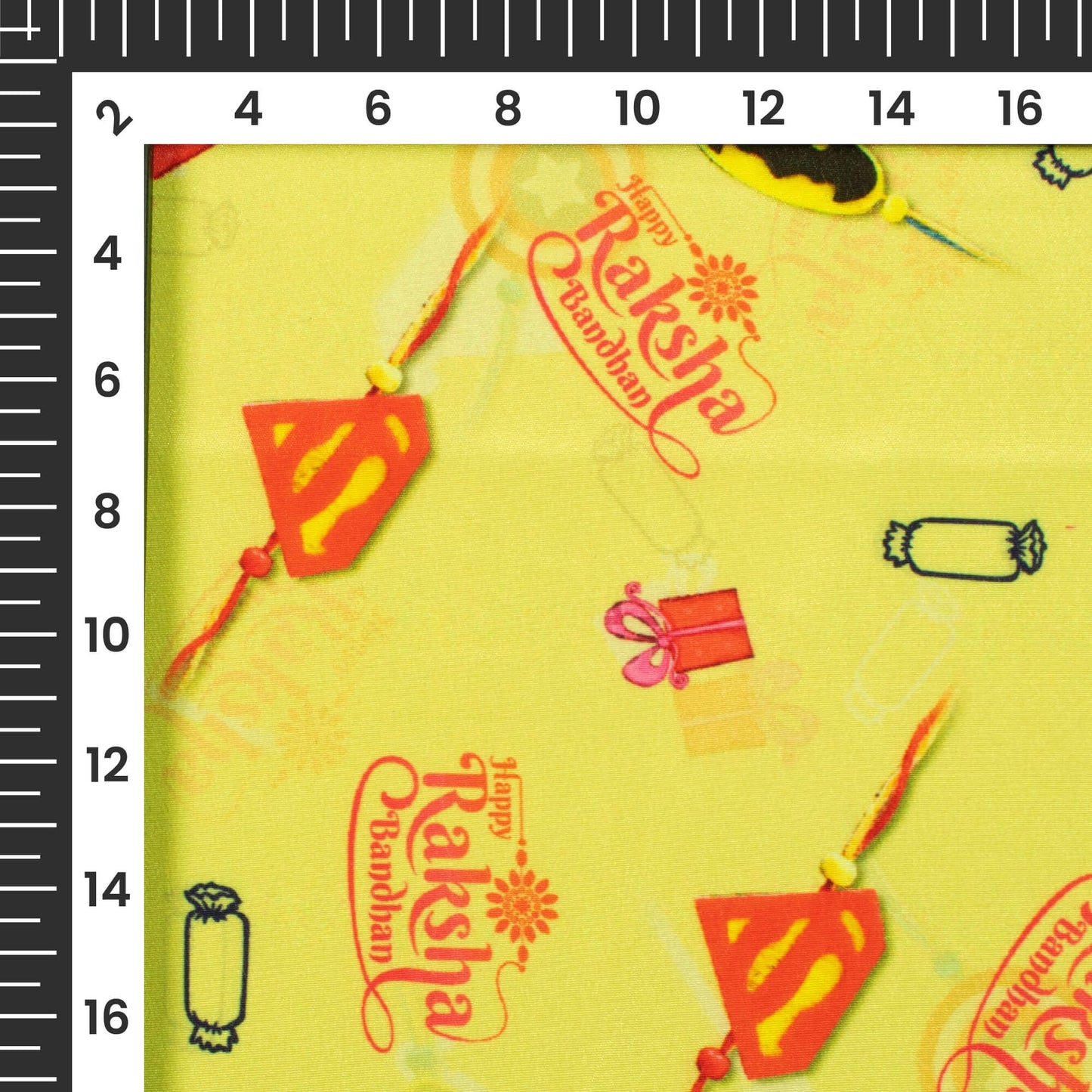 Lemon Yellow And Persian Red Rakhi Pattern Digital Print Crepe Silk Fabric