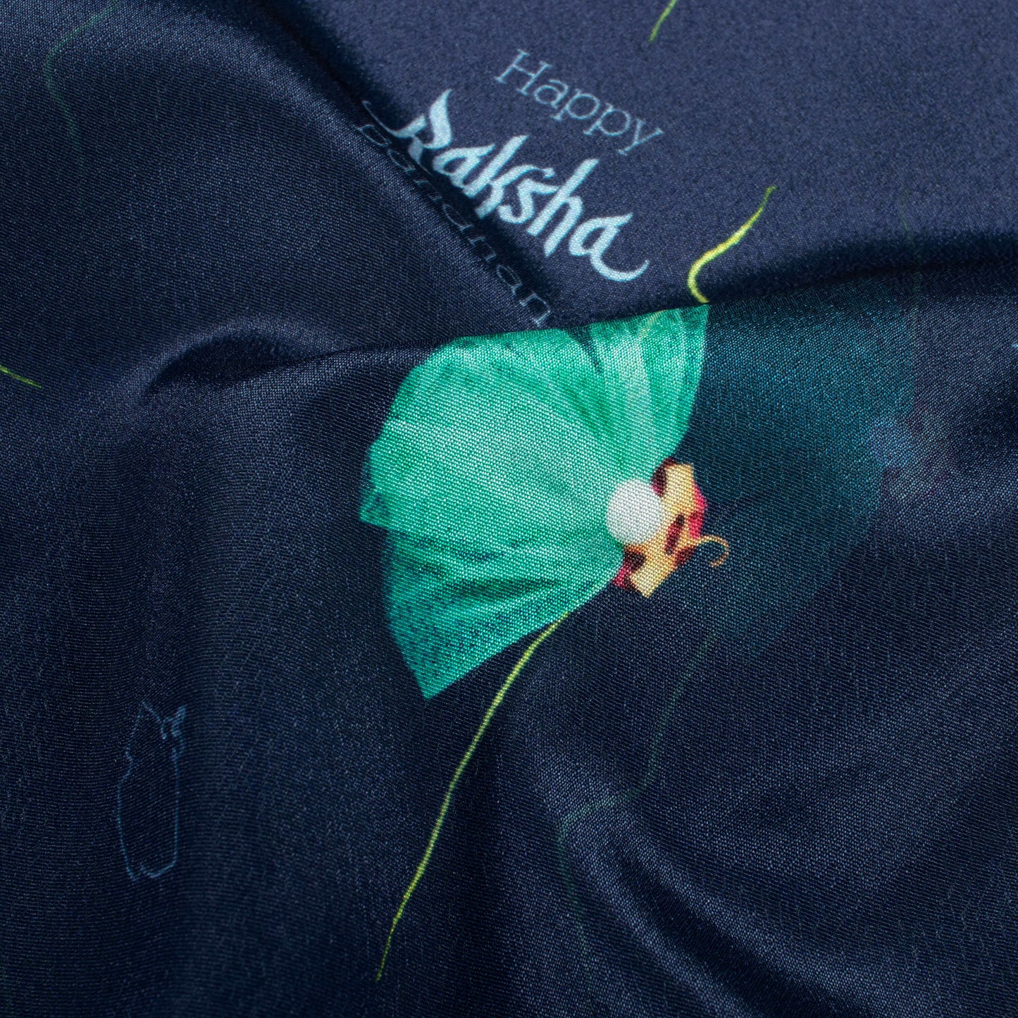 Navy Blue And Ocean Green Rakhi Pattern Digital Print Crepe Silk Fabric