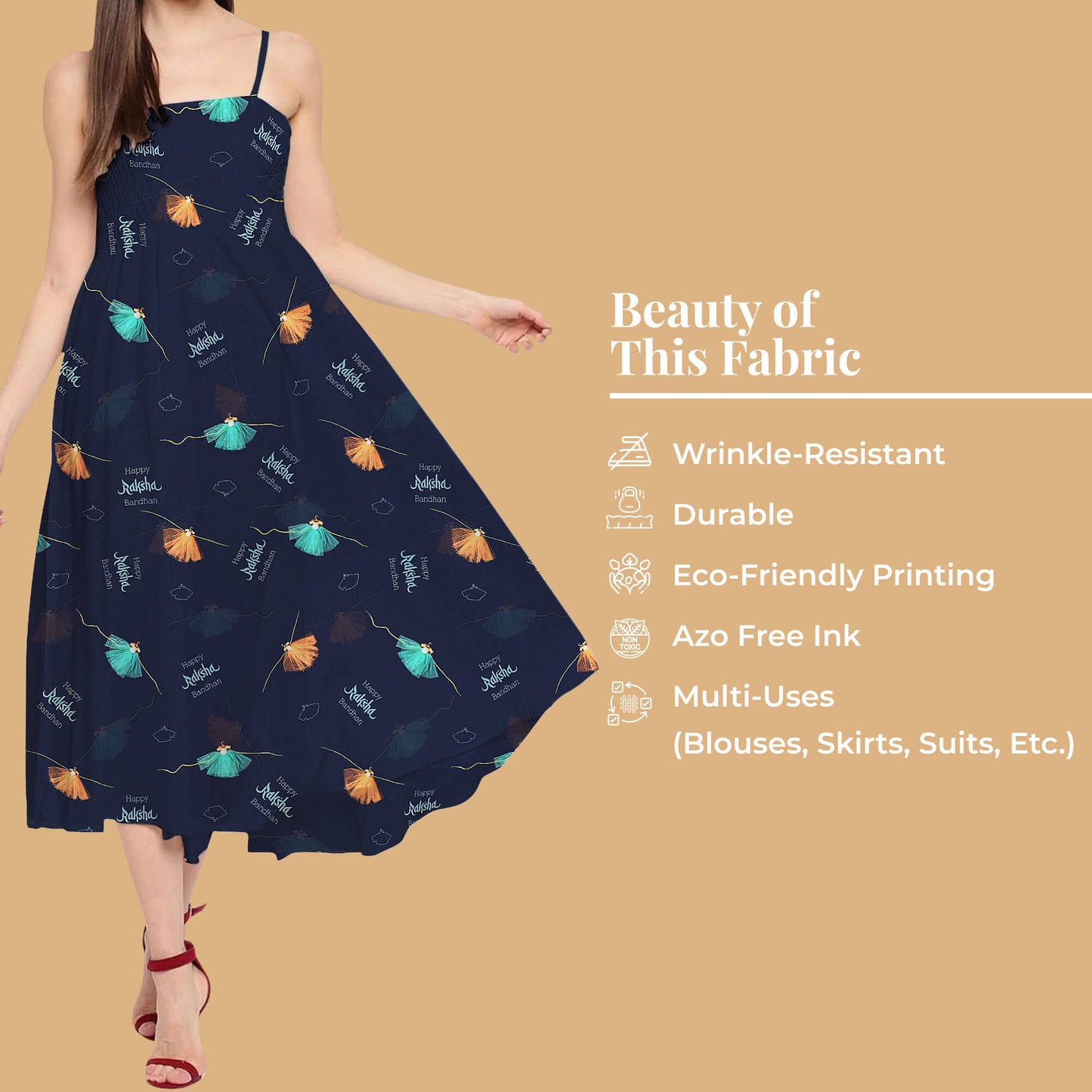 Navy Blue And Ocean Green Rakhi Pattern Digital Print Crepe Silk Fabric