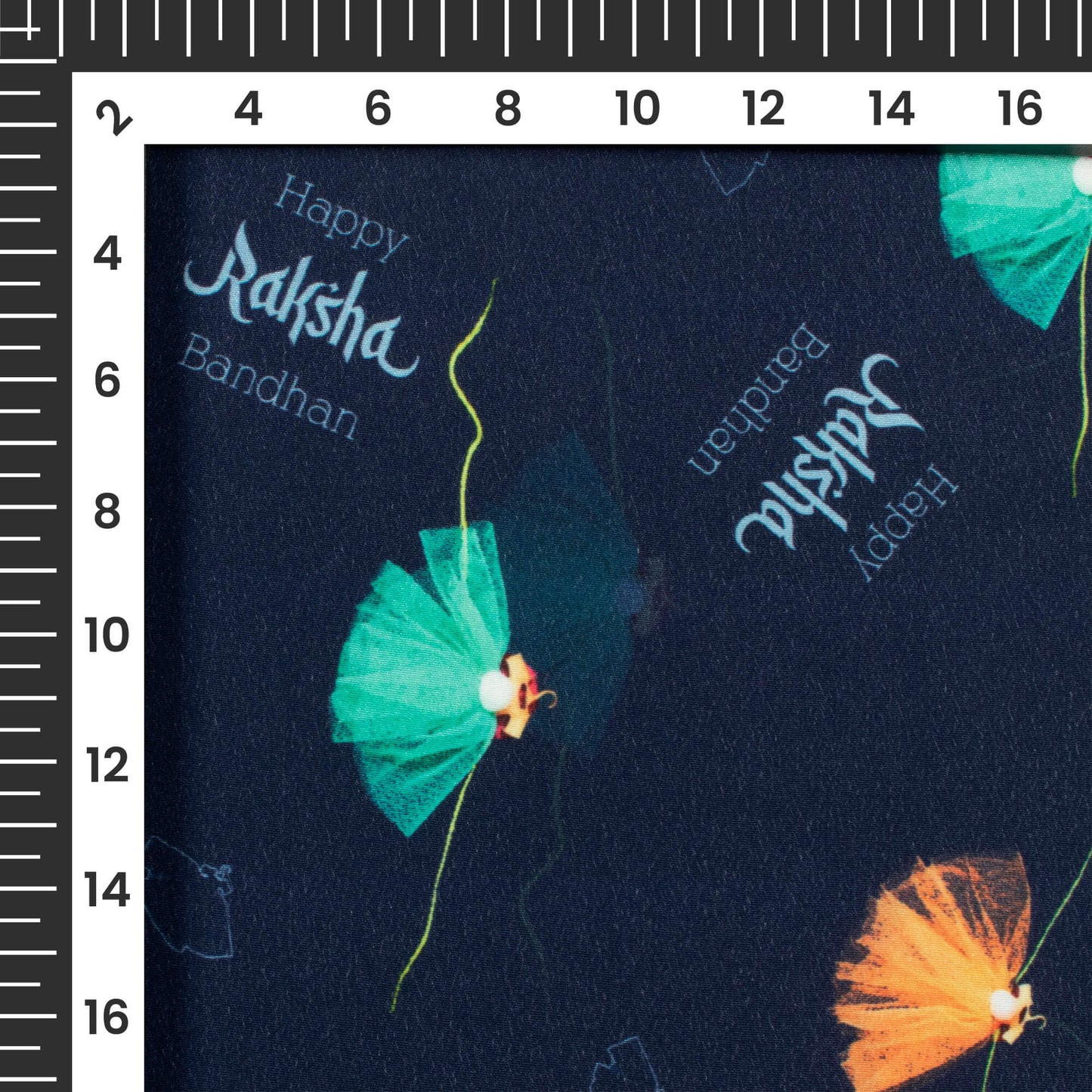 Navy Blue And Ocean Green Rakhi Pattern Digital Print Crepe Silk Fabric