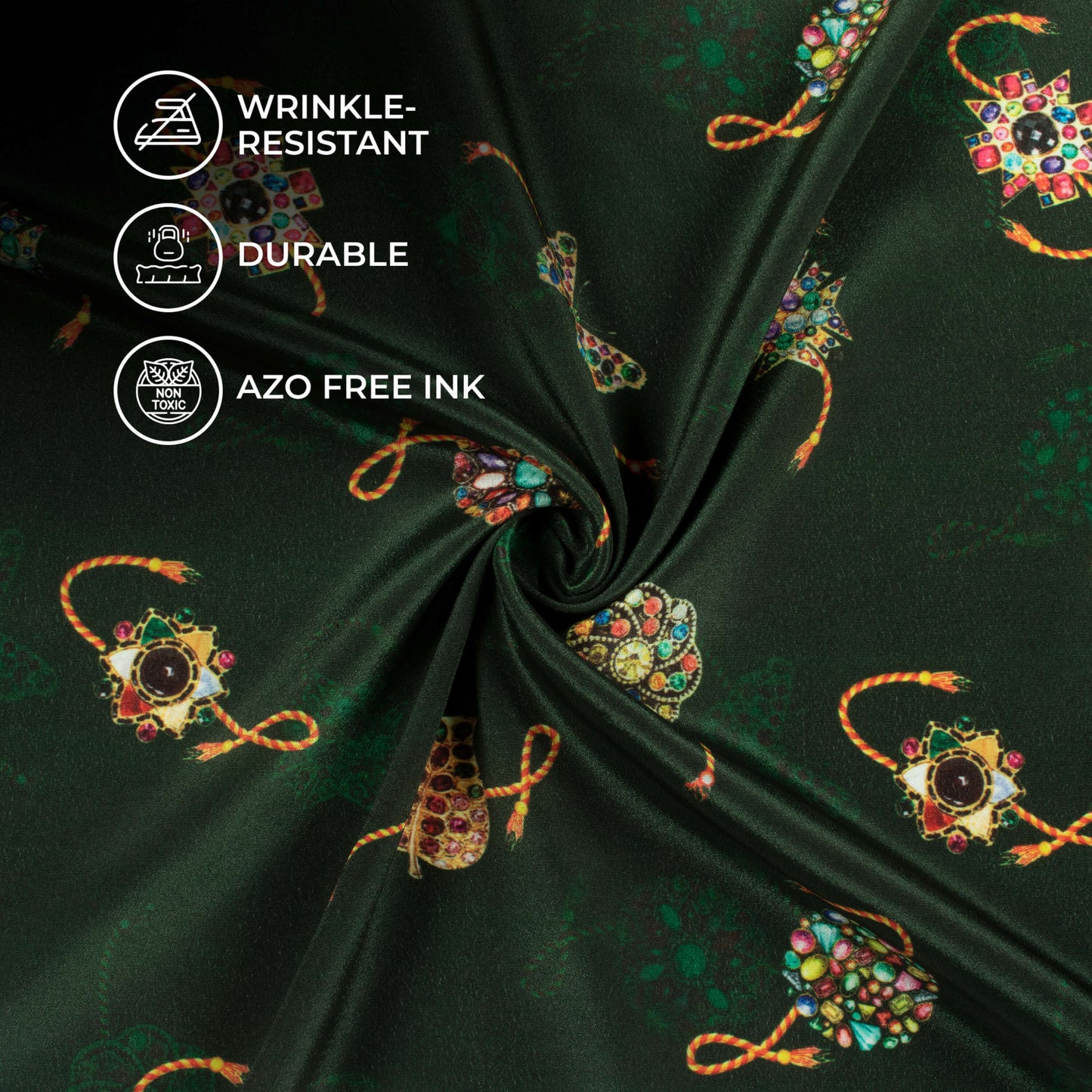 Forest Green And Yellow Rakhi Pattern Digital Print Crepe Silk Fabric