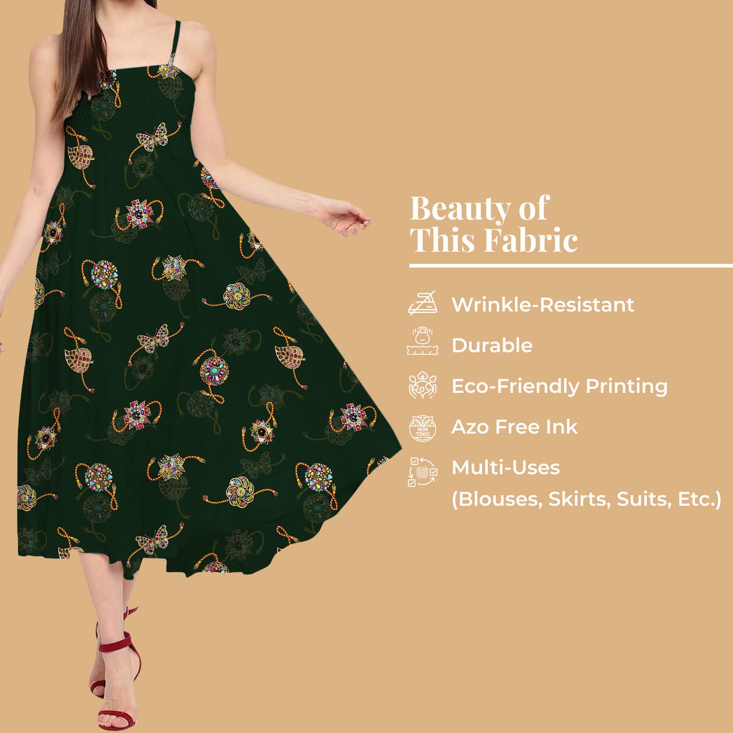 Forest Green And Yellow Rakhi Pattern Digital Print Crepe Silk Fabric