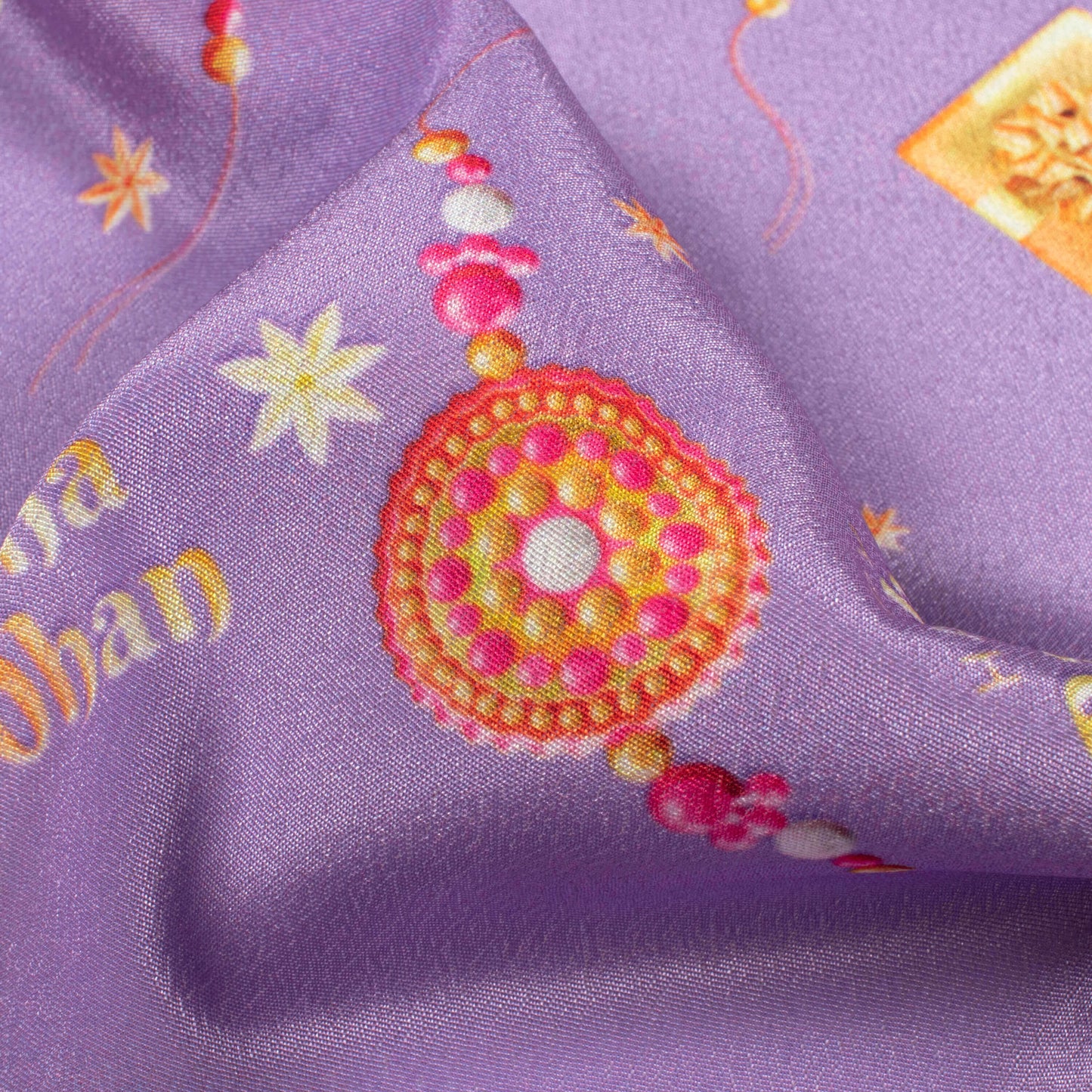 Periwinkle Purple And Yellow Rakhi Pattern Digital Print Crepe Silk Fabric