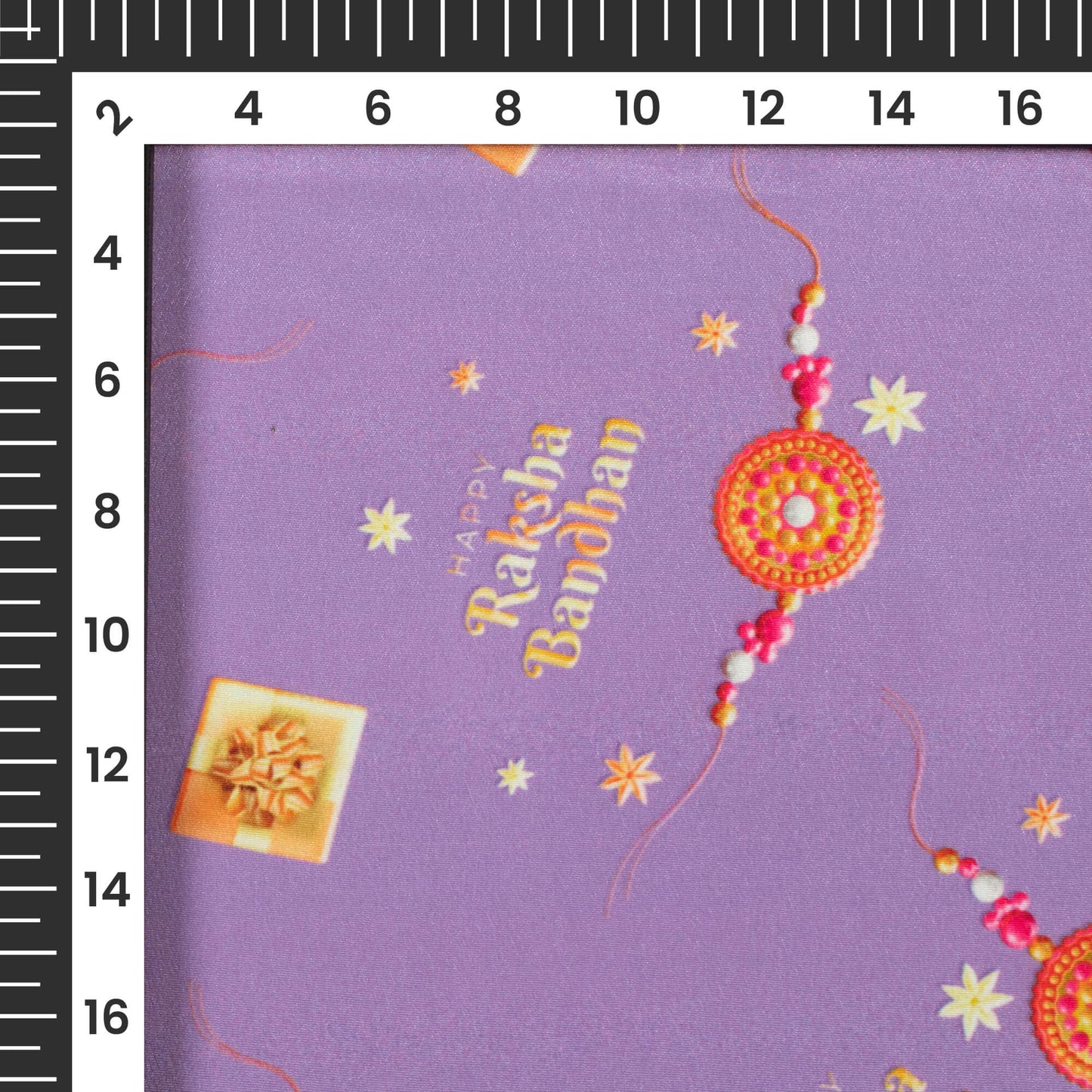 Periwinkle Purple And Yellow Rakhi Pattern Digital Print Crepe Silk Fabric