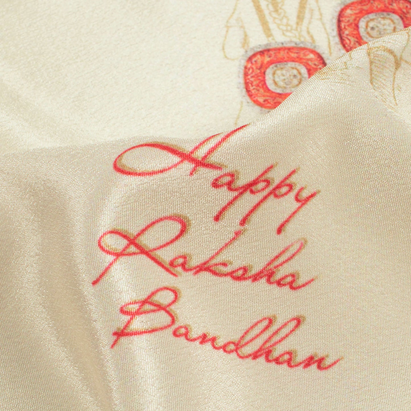 Ecru Beige And Sangria Red Rakhi Pattern Digital Print Crepe Silk Fabric